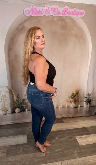 JB82319 — High Waist Button Fly Skinny, rear view. Judy Blue High Waist Button Fly Skinny Jeans (NP) | Nikki &amp; Co. Boutique