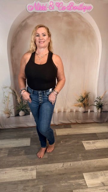 JB82319 — High Waist Button Fly Skinny, front view. Judy Blue High Waist Button Fly Skinny Jeans (NP) | Nikki &amp; Co. Boutique