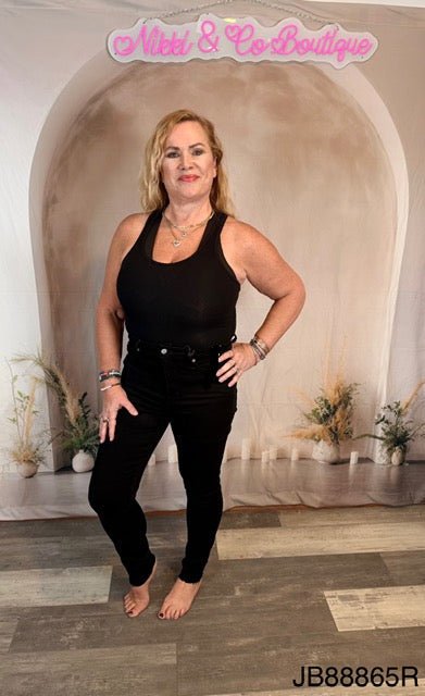 Judy Blue JB88865 high waisted tummy control black skinny jeans, front view. Judy Blue Jeans (NP) - Black, High Waisted Tummy Control Classic Skinny | Nikki &amp; Co. Boutique