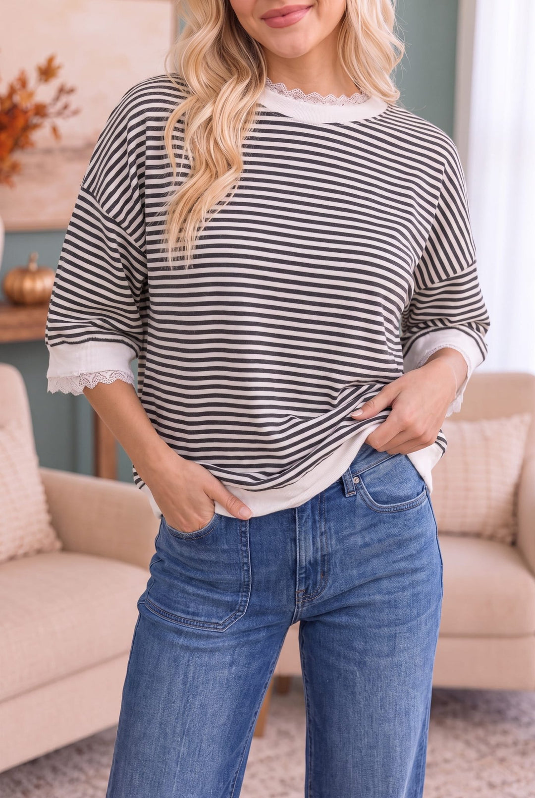 Stripe It Right Lace Trim Top - Nikki &amp; Co. Boutique