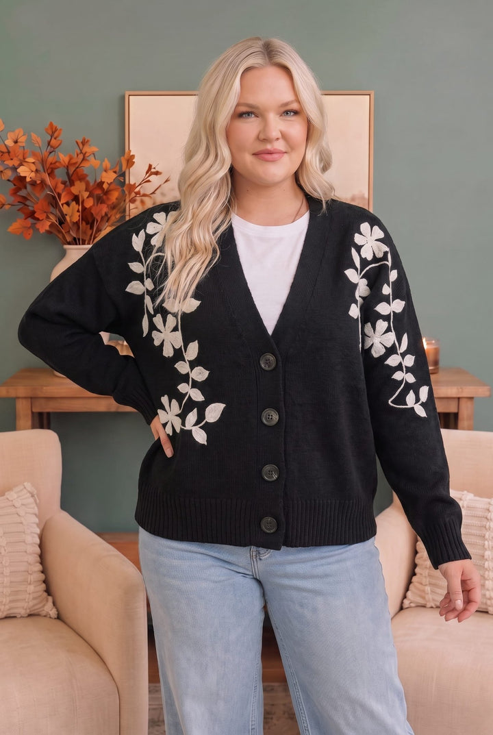 Off the Vine Black Floral Embroidered Cardigan - Nikki &amp; Co. Boutique