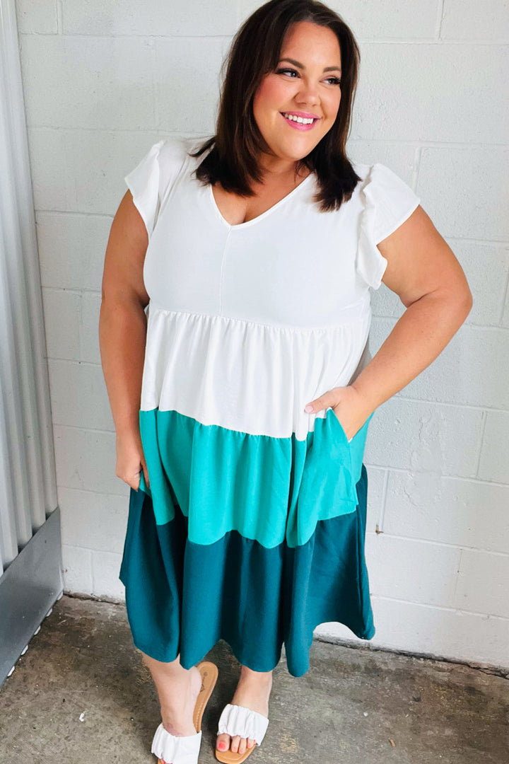Seafoam &amp; Emerald Tiered Frill Sleeve Midi Dress | Nikki &amp; Co. Boutique