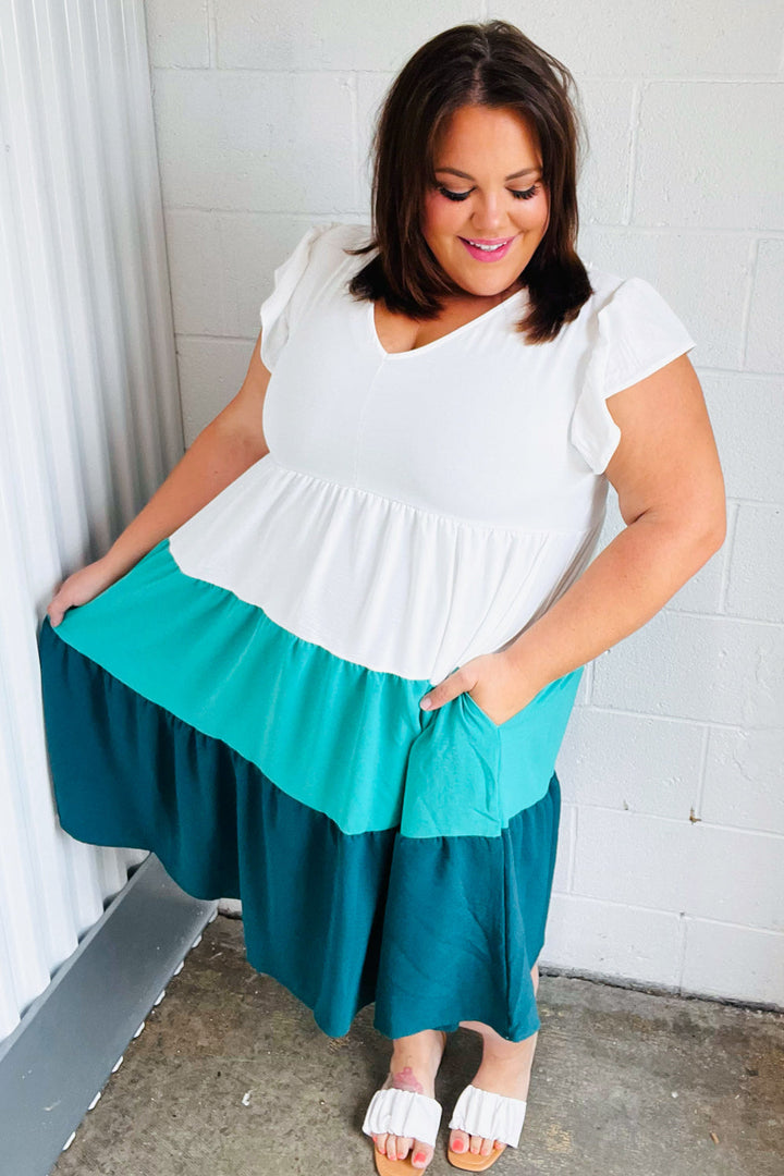 Seafoam &amp; Emerald Tiered Frill Sleeve Midi Dress | Nikki &amp; Co. Boutique