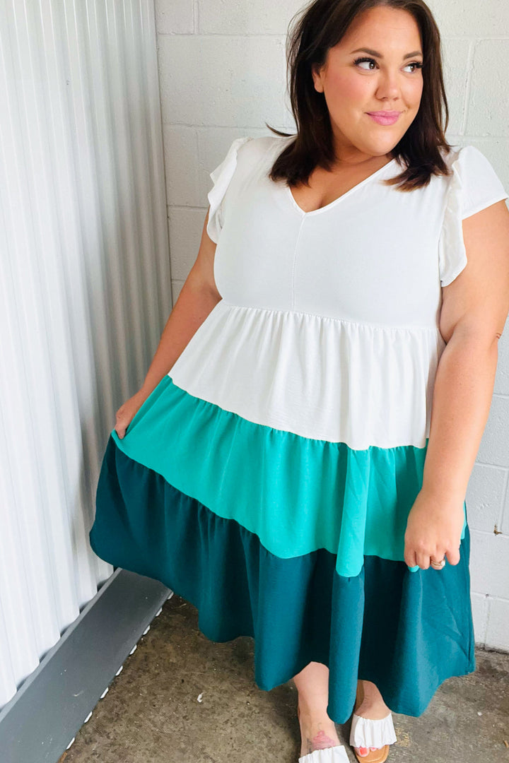 Seafoam &amp; Emerald Tiered Frill Sleeve Midi Dress | Nikki &amp; Co. Boutique