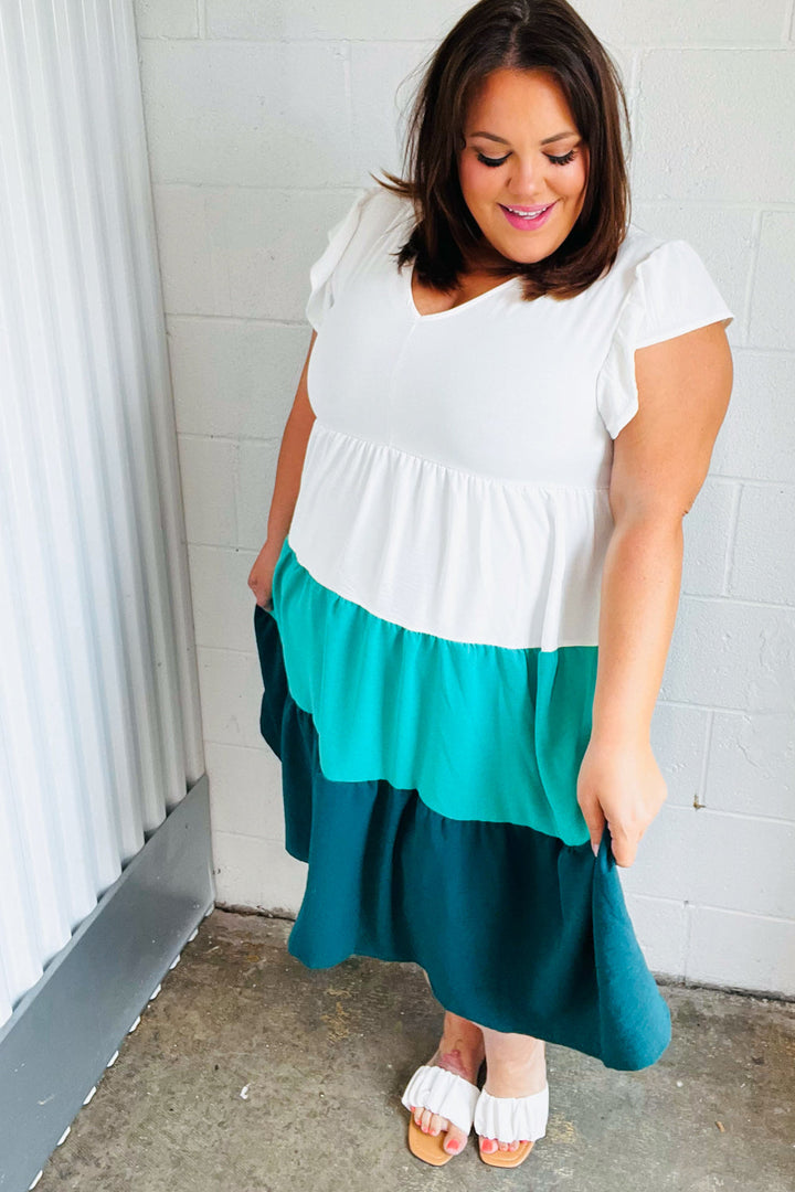 Seafoam &amp; Emerald Tiered Frill Sleeve Midi Dress | Nikki &amp; Co. Boutique