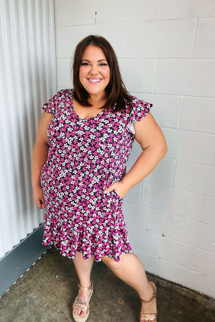 Black Multicolor Floral Babydoll Flutter Sleeve Midi Dress | Nikki &amp; Co. Boutique