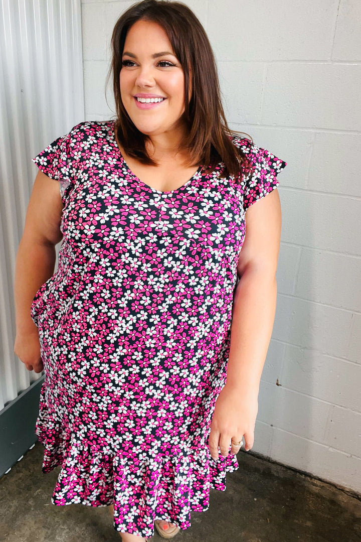 Black Multicolor Floral Babydoll Flutter Sleeve Midi Dress | Nikki &amp; Co. Boutique