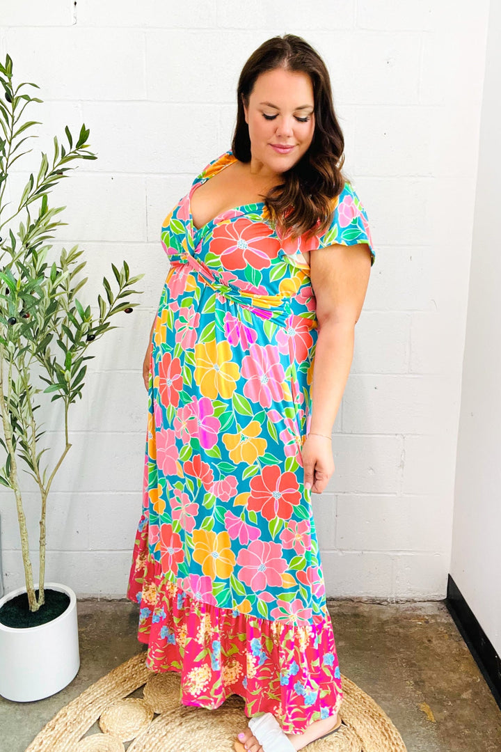 Vacay Vibes Blue Floral Print Sweetheart Twisted Neckline Maxi Dress | Nikki &amp; Co. Boutique