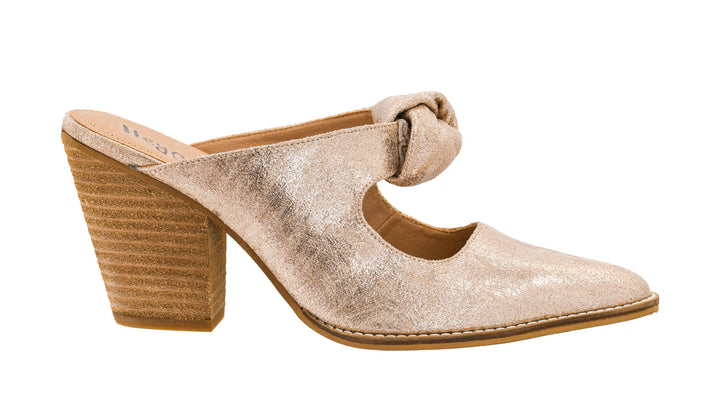Gold high-heeled shoe with a bow on a white background