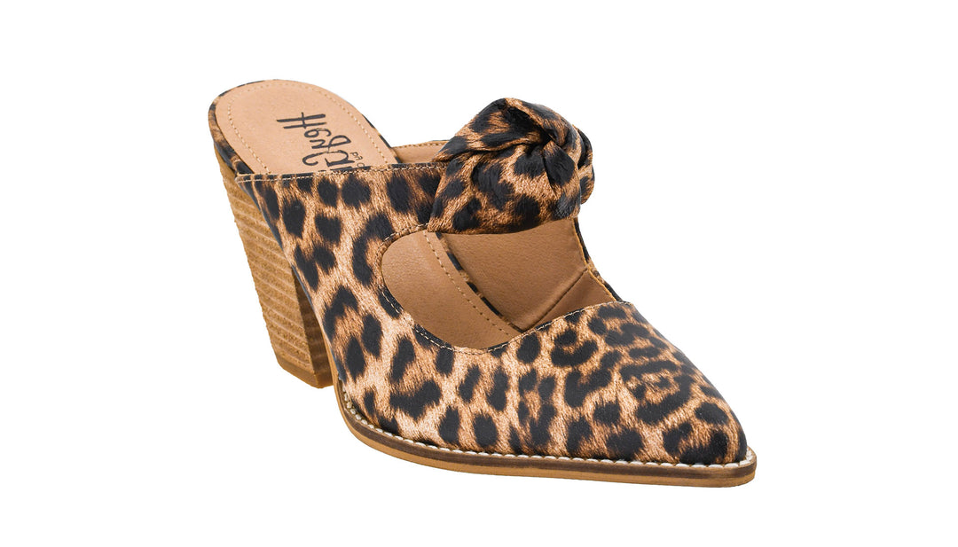 Leopard print high-heeled shoe on a white background