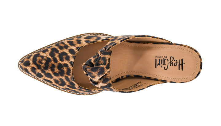 Leopard print sandal with brown sole on a white background
