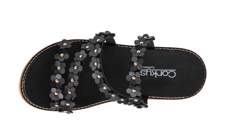 Black sandals with floral embellishments on a white background