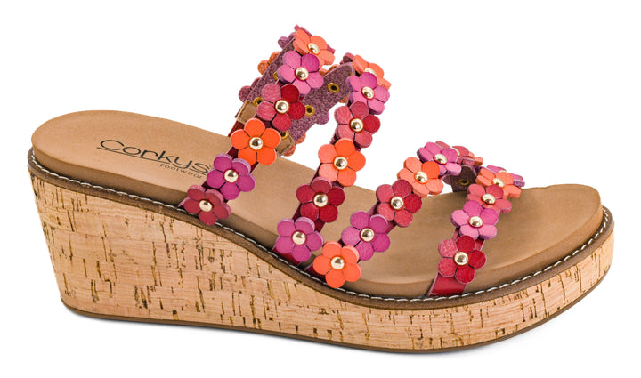 Colorful flower sandals with cork wedge sole on a white background