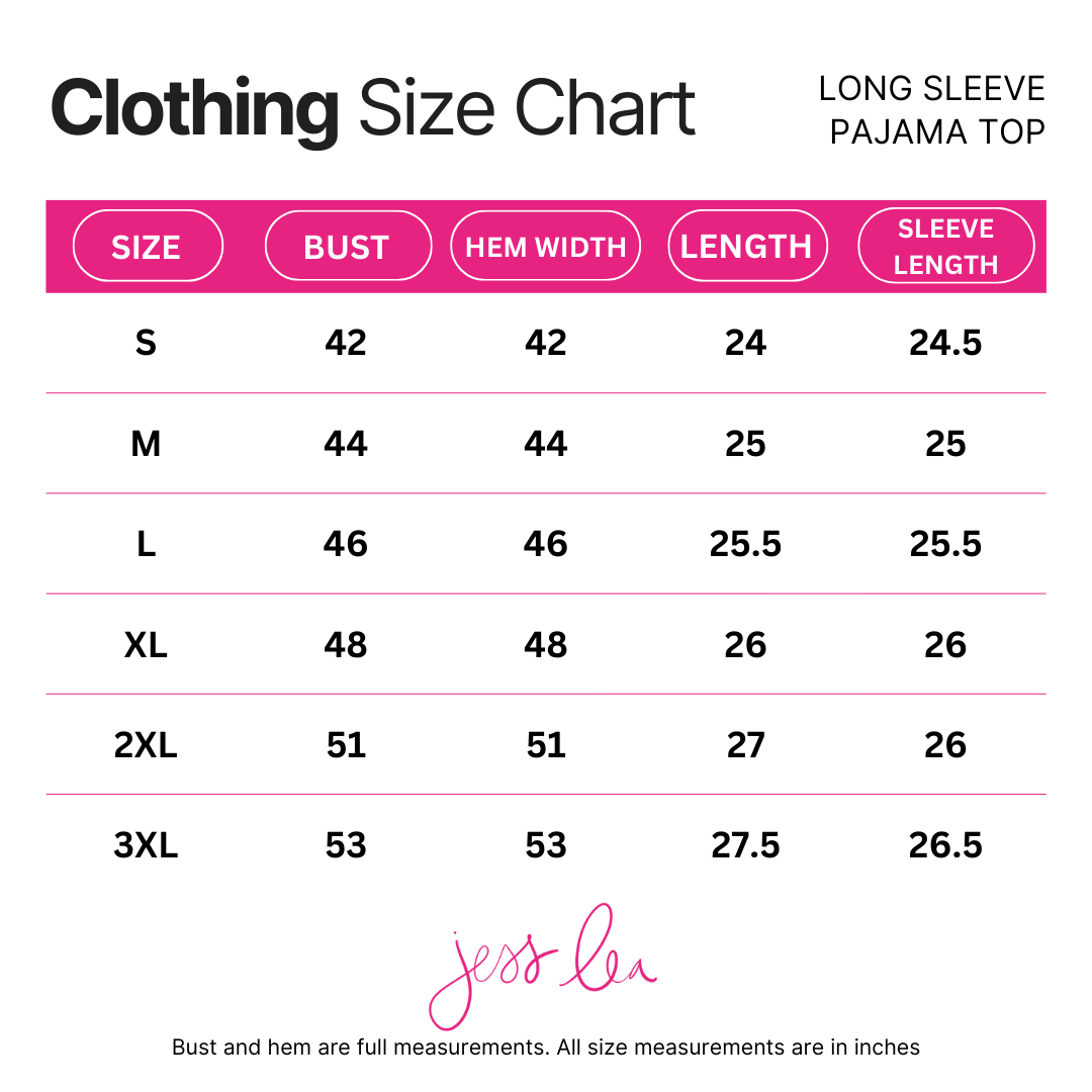Size chart for long sleeve pajama top with measurements in inches.