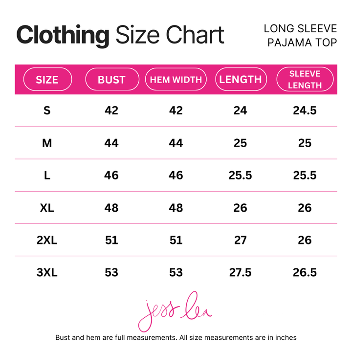 Size chart for long sleeve pajama top with measurements in inches.