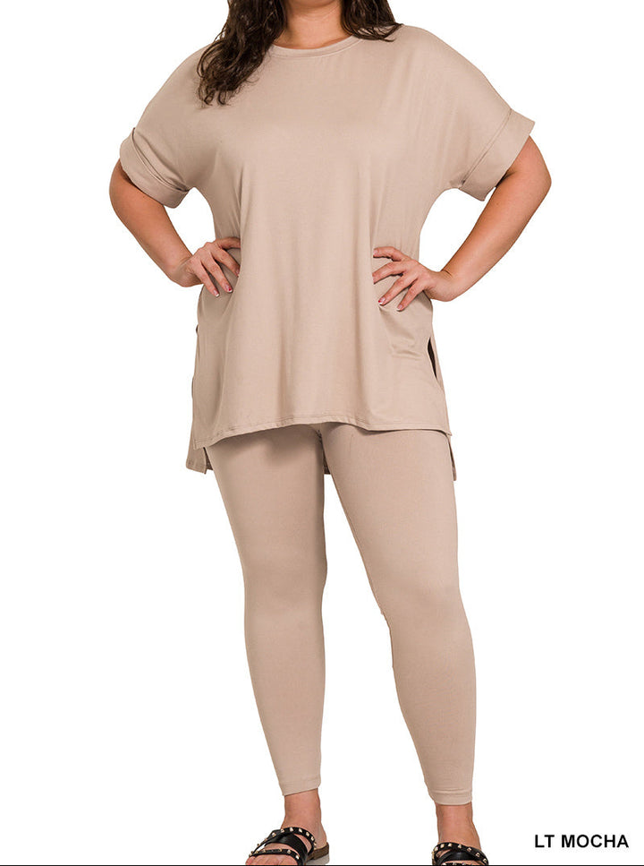 Woman wearing a light mocha outfit on a white background