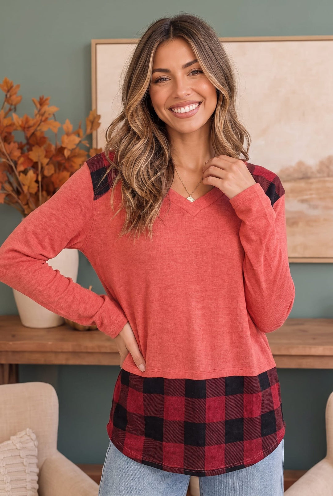 Plaid Patch Pullover in Coral - Nikki & Co. Boutique