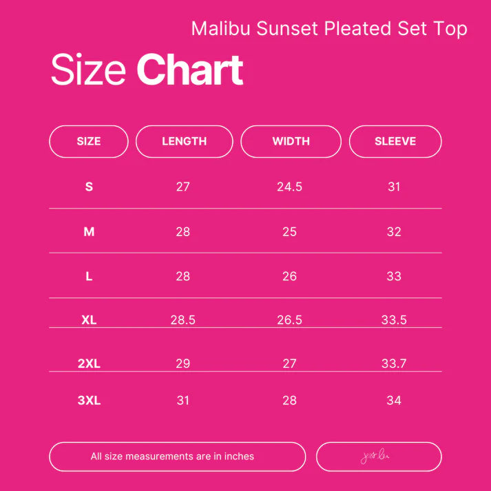 Size chart for Malibu Sunset Pleated Set Top on a pink background
