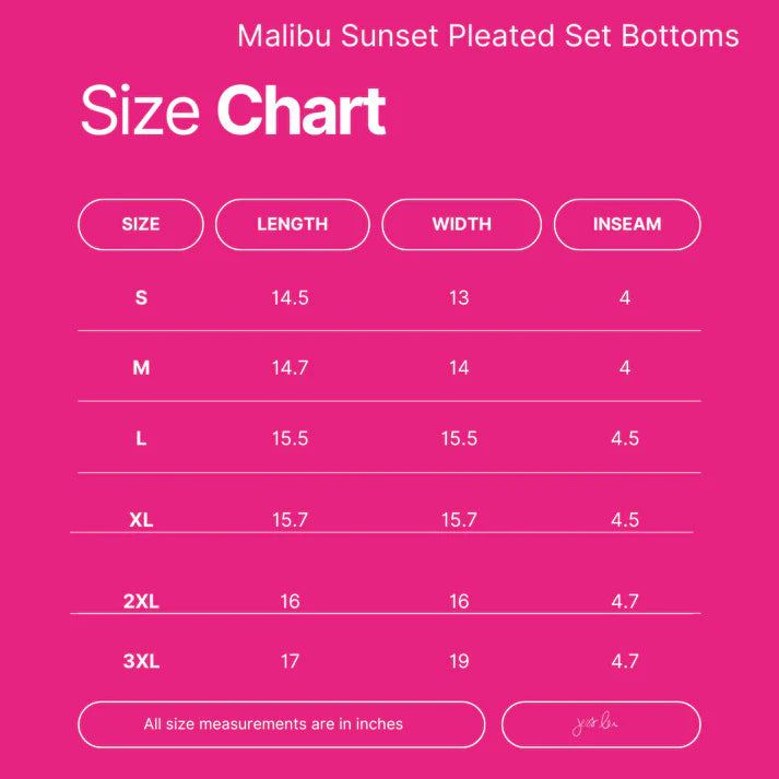 Size chart for Malibu Sunset Pleated Set Bottoms on a pink background