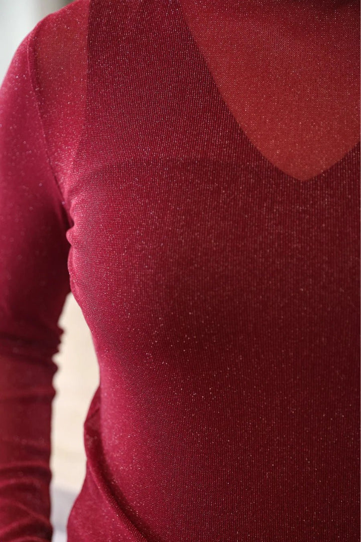 Jess Lea Keigan Glitter Long Sleeve Mesh Top – Maroon (NP) - Nikki &amp; Co. Boutique