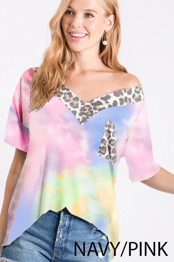 Navy/Pink Tie Dye Top with Leopard Neckline (NP) | Nikki &amp; Co. Boutique