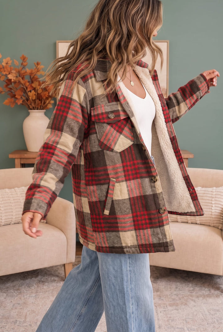 Cozy Plaid Sherpa Lined Shacket in Khaki Red - Nikki &amp; Co. Boutique