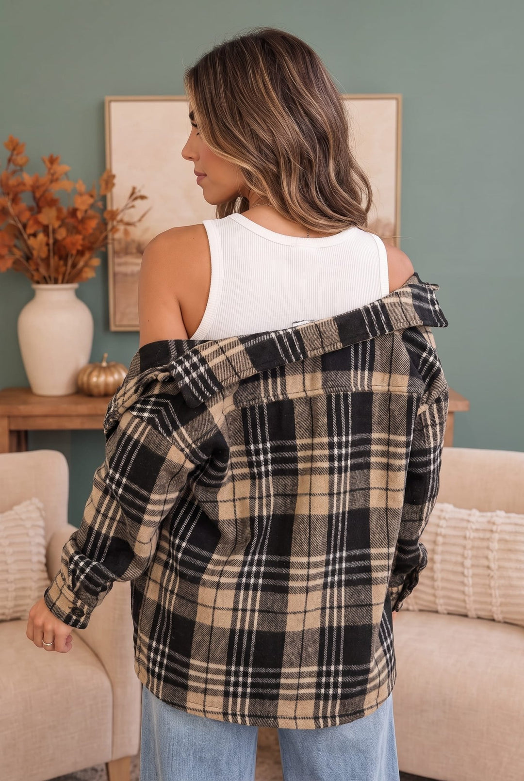 Cozy Plaid Sherpa Lined Shacket in Khaki Black - Nikki &amp; Co. Boutique