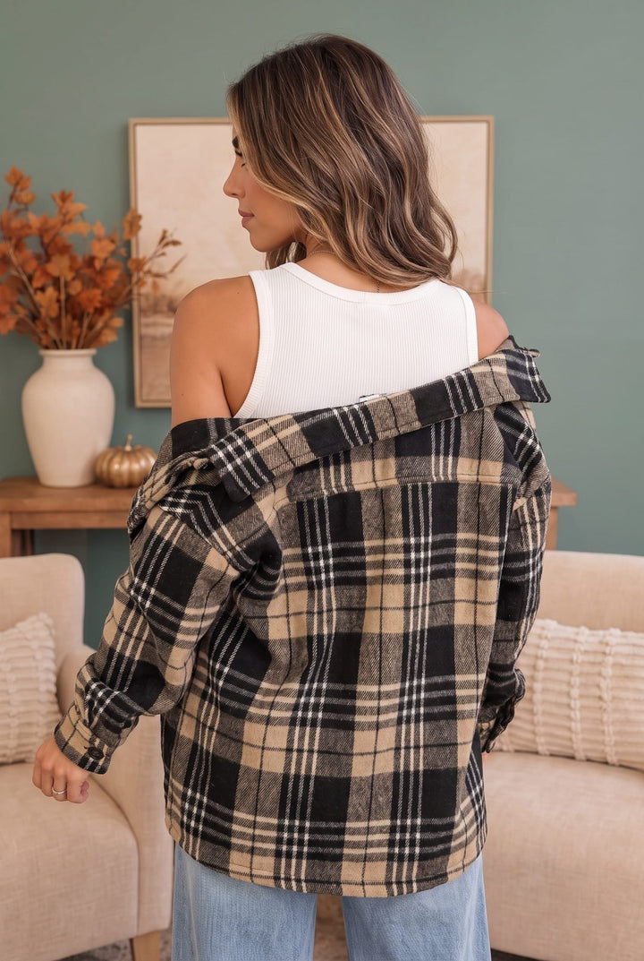 Cozy Plaid Sherpa Lined Shacket in Khaki Black - Nikki &amp; Co. Boutique