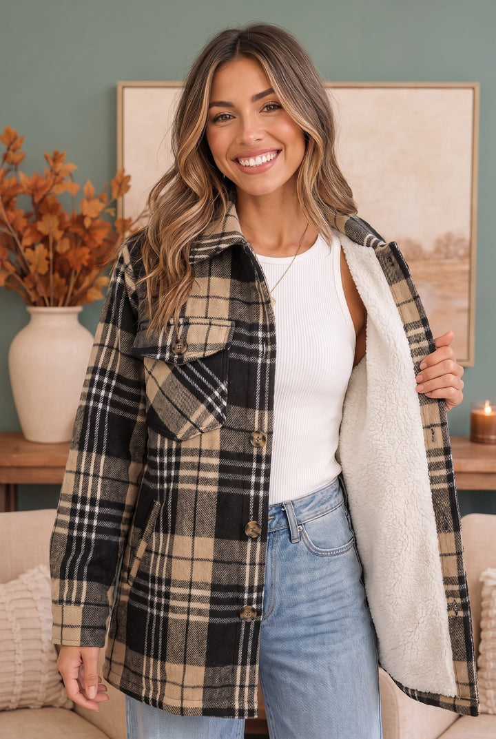 Cozy Plaid Sherpa Lined Shacket in Khaki Black - Nikki &amp; Co. Boutique