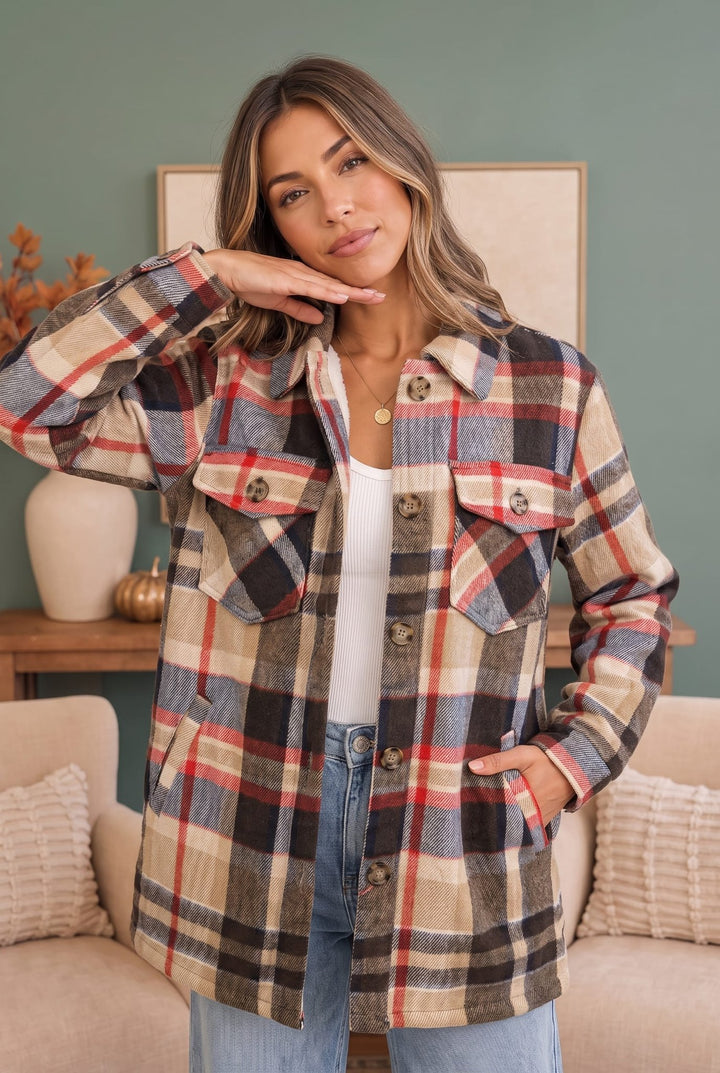 Cozy Plaid Sherpa Lined Shacket in Coffee - Nikki &amp; Co. Boutique