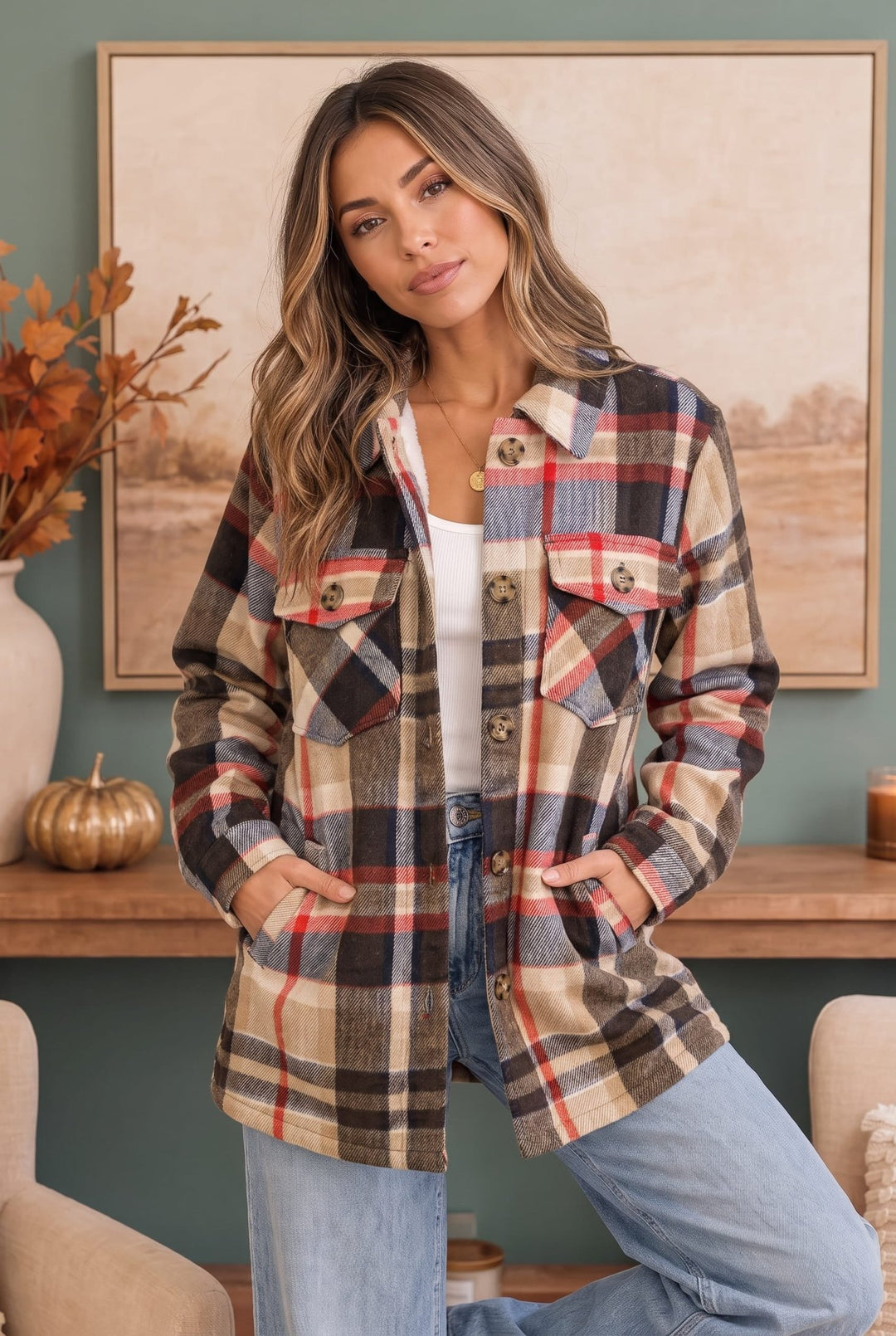 Cozy Plaid Sherpa Lined Shacket in Coffee - Nikki &amp; Co. Boutique