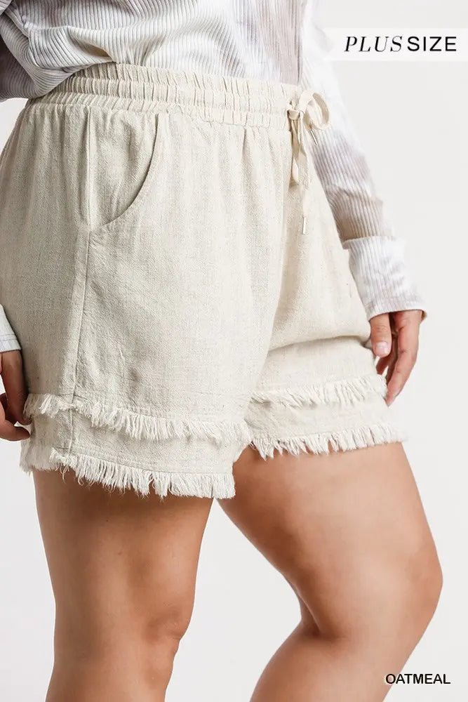 Linen Blend Elastic Waist and Drawstring Layered Frayed Hem Plus Sized Shorts (NP) - 3 Colors | Nikki &amp; Co. Boutique