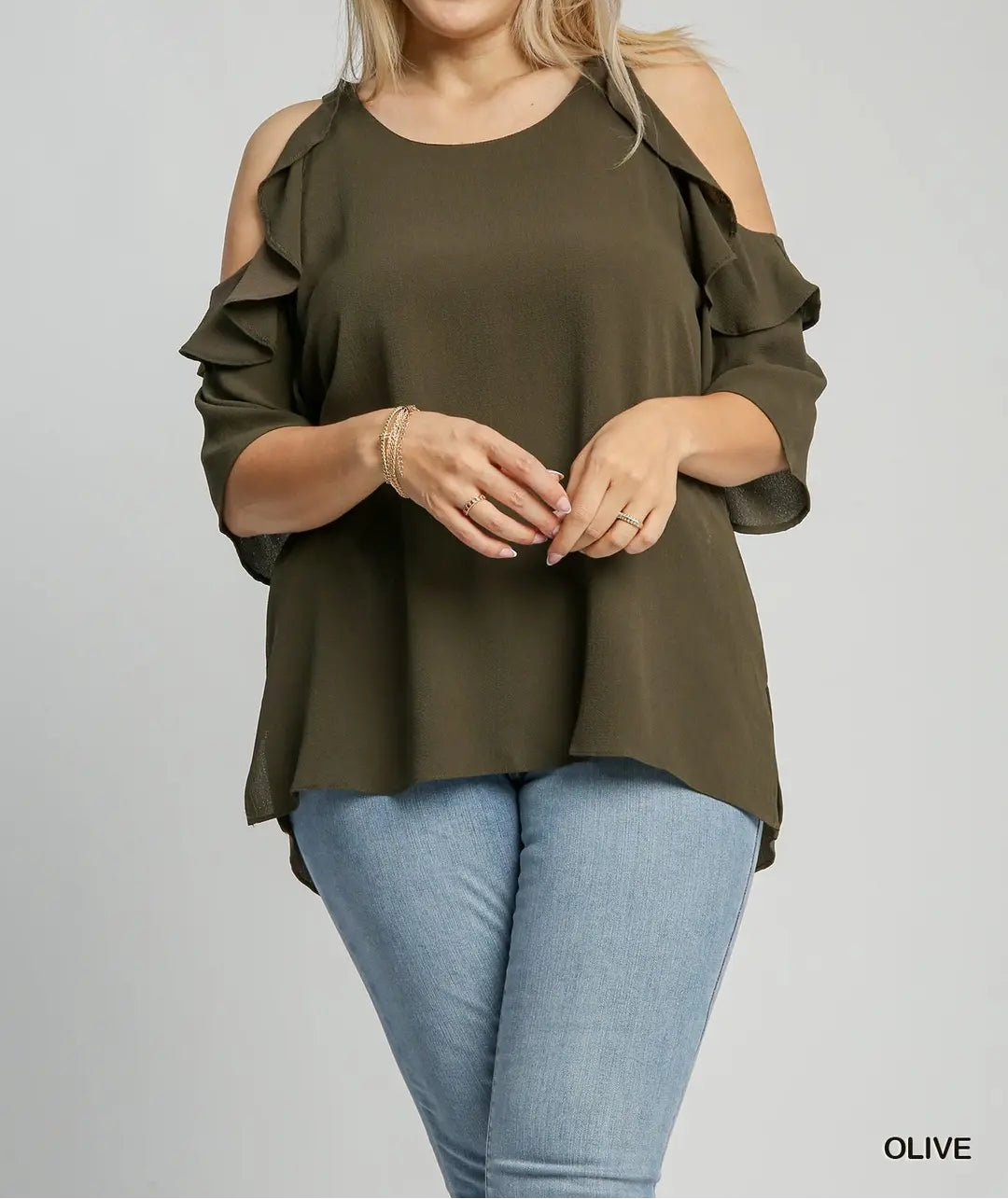Cold Shoulder Blouse with Ruffle (NP) - Olive, Plus - Nikki and Co Boutique