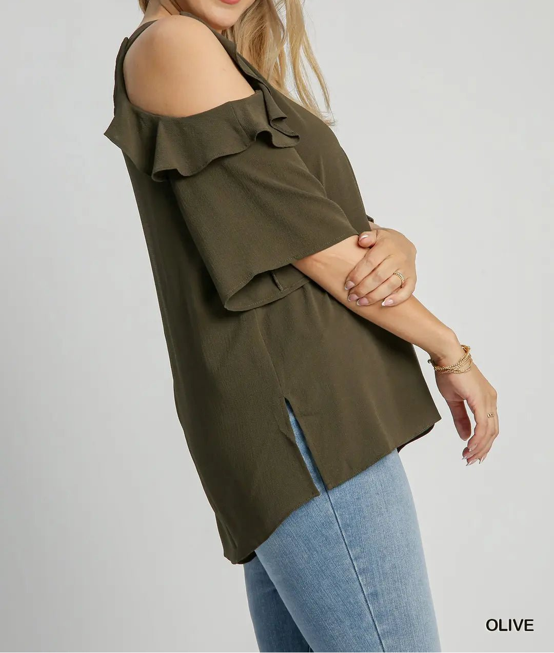 Cold Shoulder Blouse with Ruffle (NP) - Olive, Plus - Nikki and Co Boutique