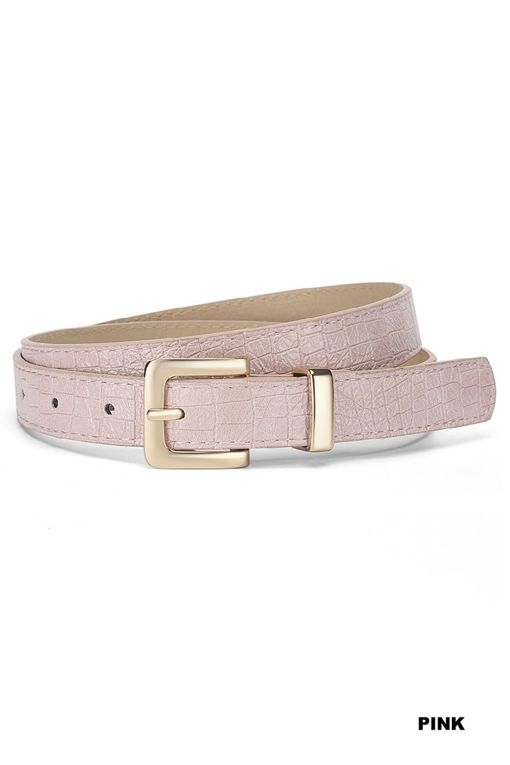 Pink belt with a gold buckle on a white background