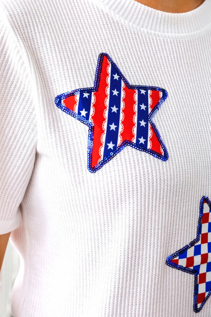 White Tee Top with American flag star patches