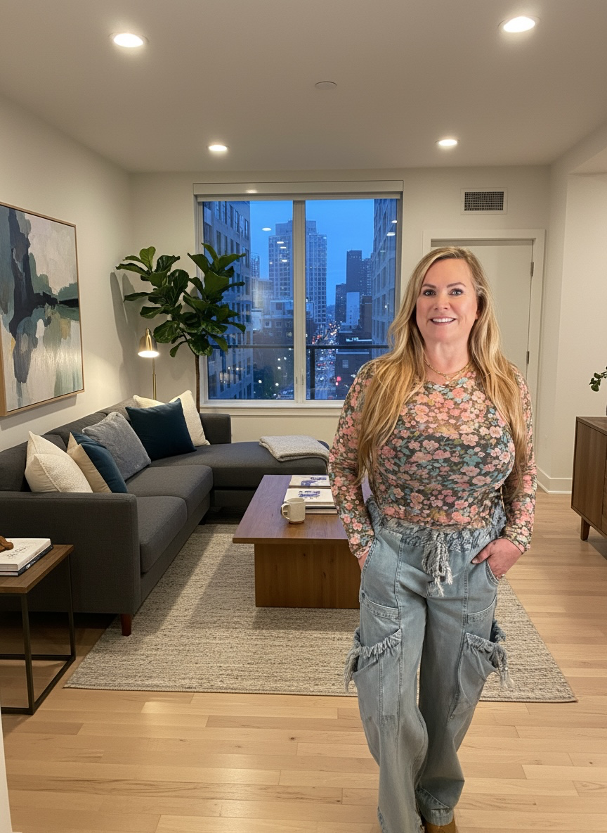 Woman standing in a modern living room with large windows showing a cityscape.
