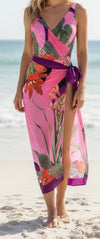 Open Back Wrap Front, One Piece Swimsuit with Cover Up (NP) - Purple / Pink