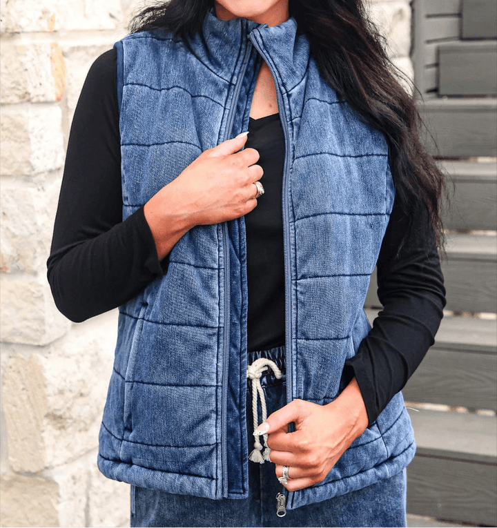 Jess Lea Refined Denim-Look Quilted Puffer Vest (NP) - Nikki &amp; Co. Boutique