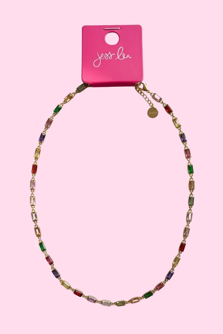 A colorful, gem necklace.
