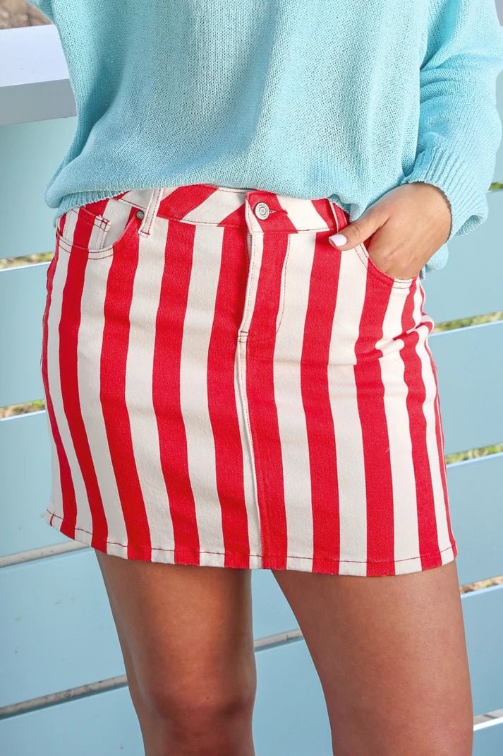 Denim Mini Skirt – Leopard &amp; Navy Stripe (NP) - Nikki &amp; Co. Boutique