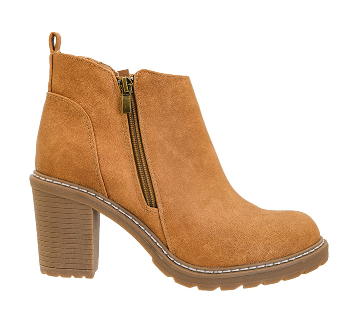 A tan suede ankle boot with a block heel, side zipper, and a pull tab, shown from a side profile on a white background.