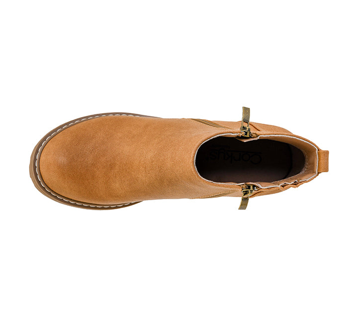 A top-down view of a tan leather ankle boot with gold-tone metal hardware and contrast stitching, shown on a plain white background.