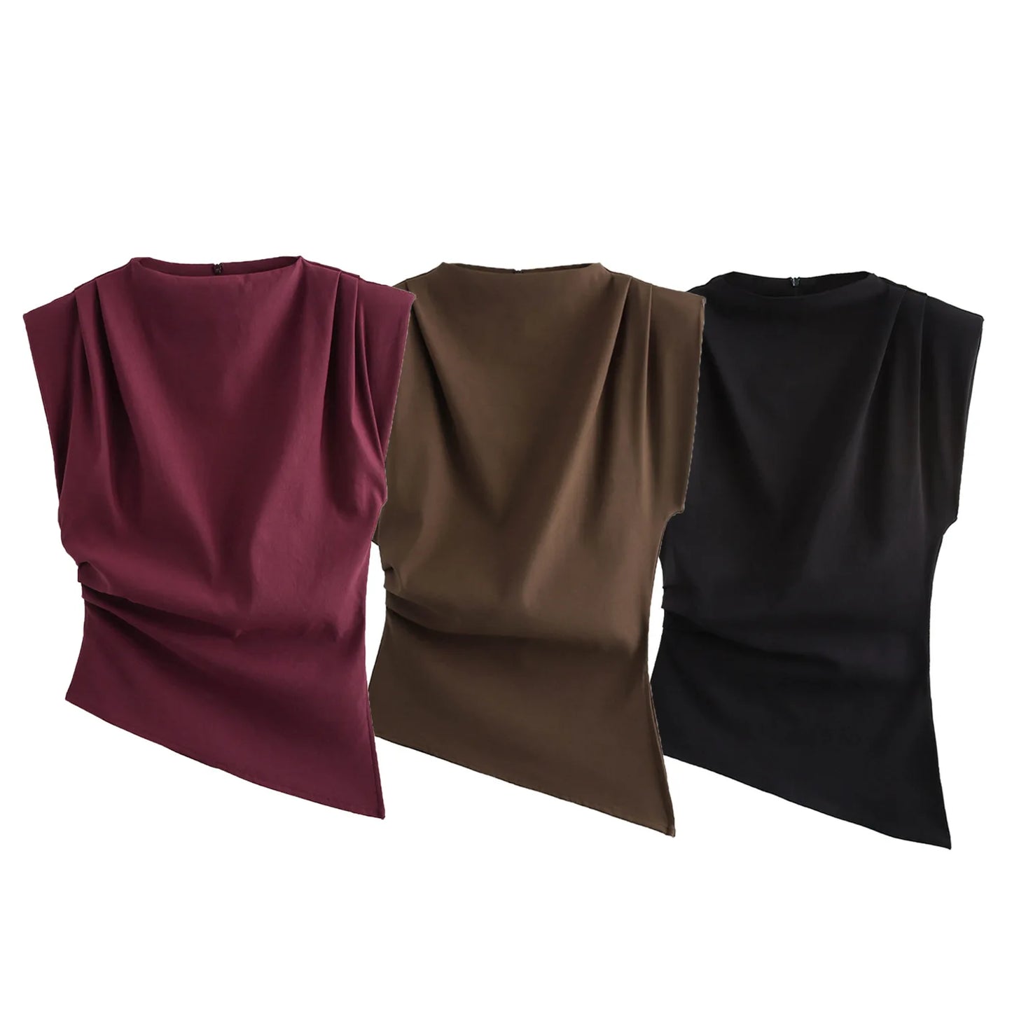 Summer Asymmetric Tank Women Wine Red/Brown/Black Ruched Sleeve Office&Party Tops Breathable Stretchy Slim Fit Streetwear
