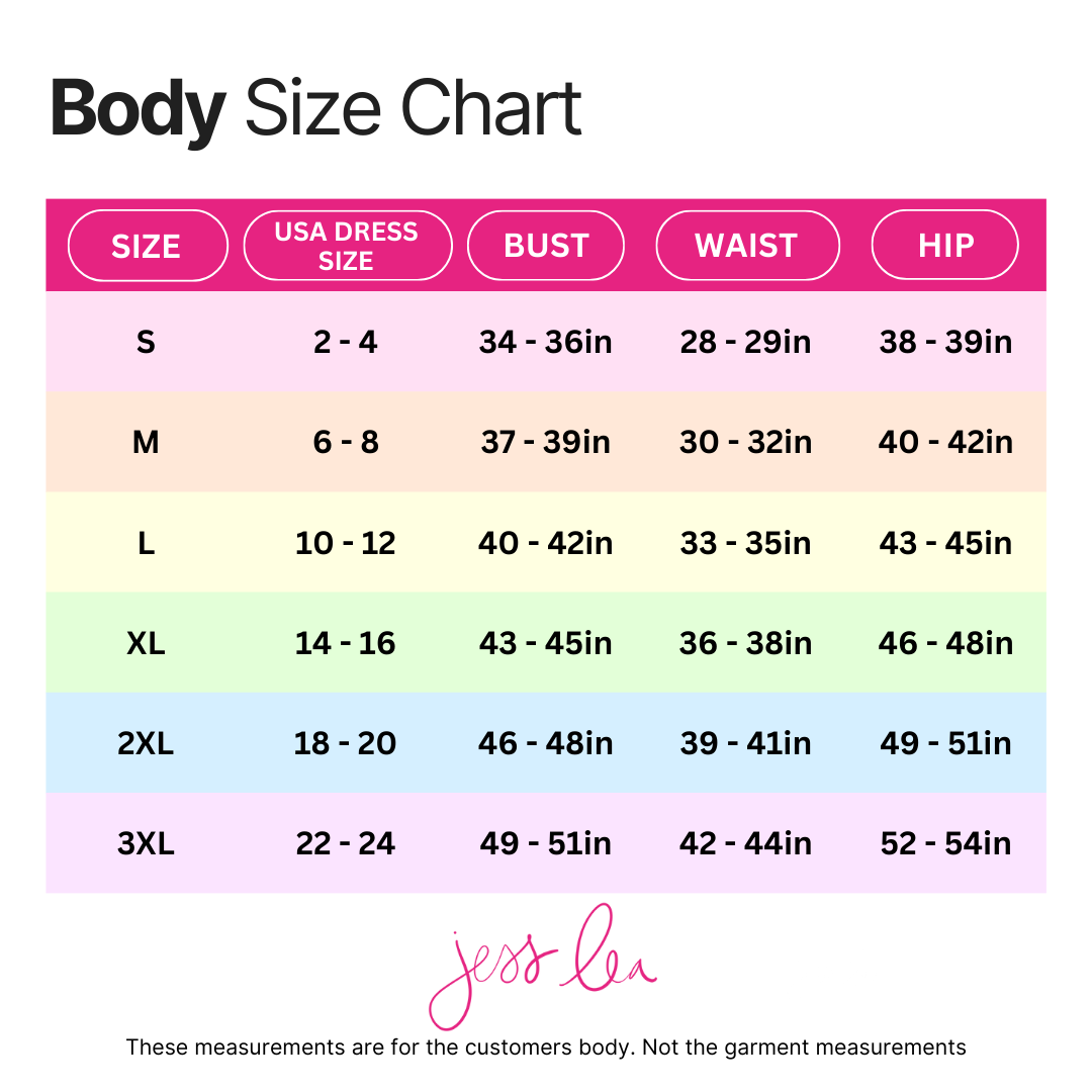 Body size chart with measurements for different sizes, branded by Jess Lin.