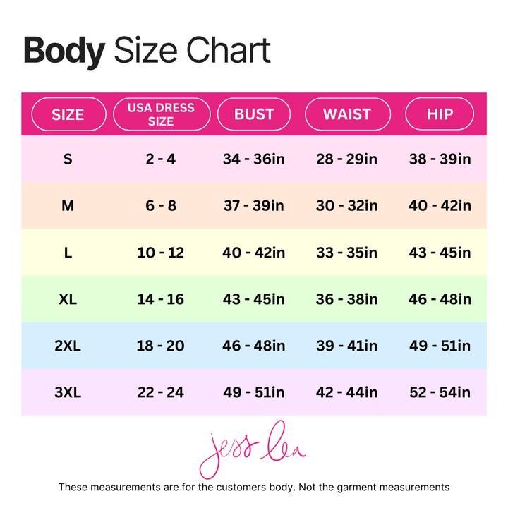 Body size chart with measurements for different sizes, branded by Jess Lin.