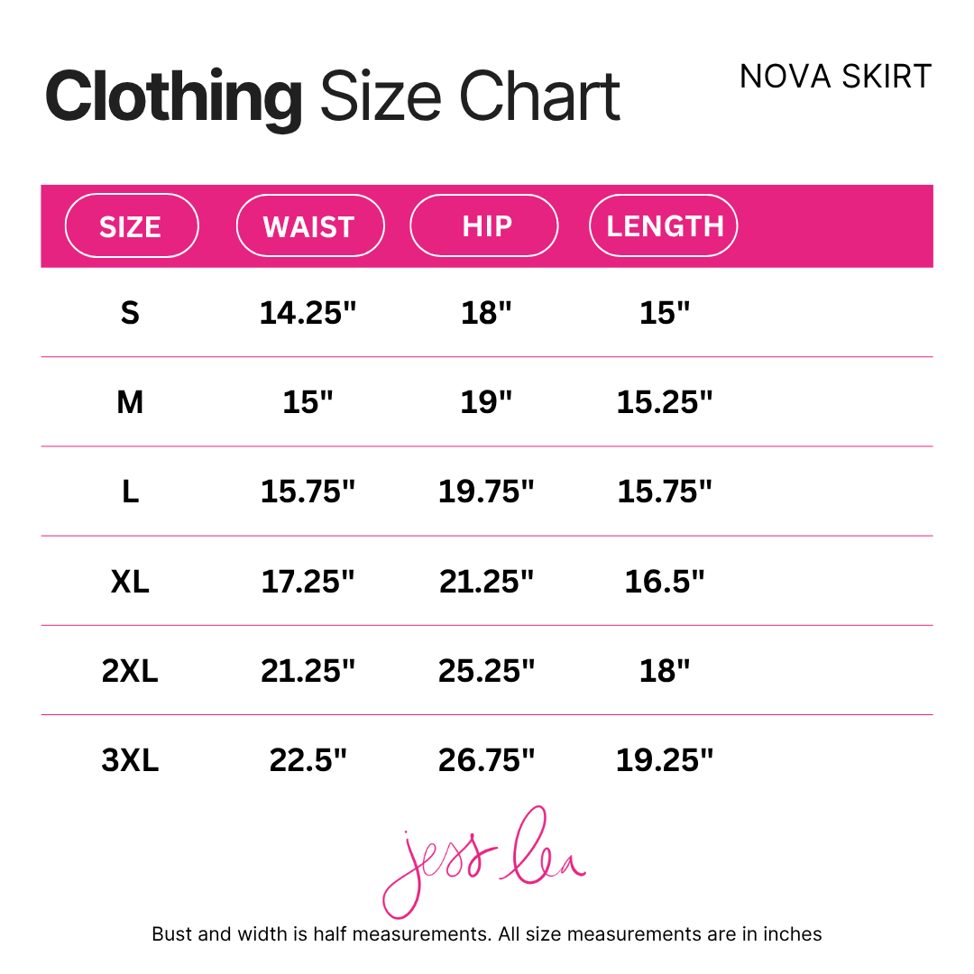 Size chart for Nova Skirt with measurements in inches