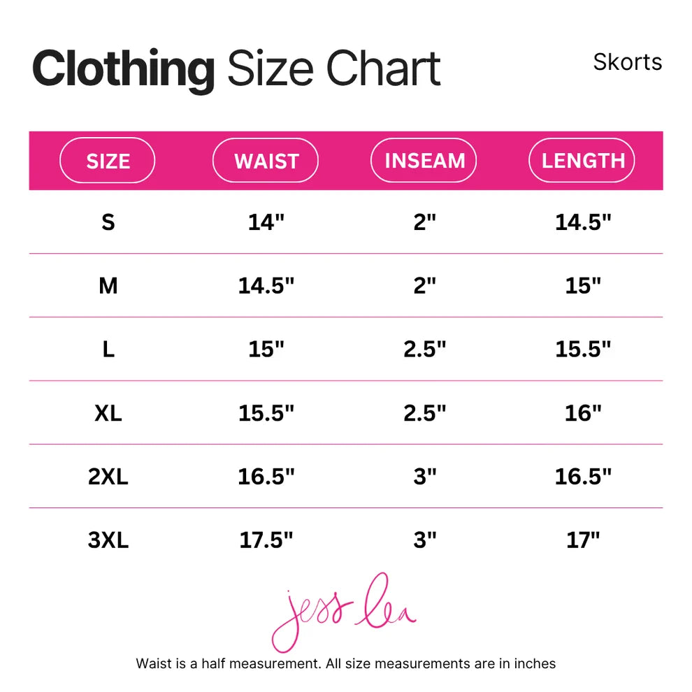 A clothing size chart for skorts, showing measurements for sizes S through 3XL in inches for waist, inseam, and length, with a pink header and a pink signature at the bottom.