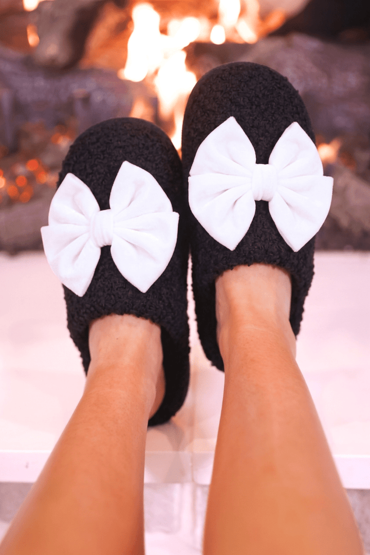 Cozy Bow Slippers- Black/White - Nikki &amp; Co. Boutique