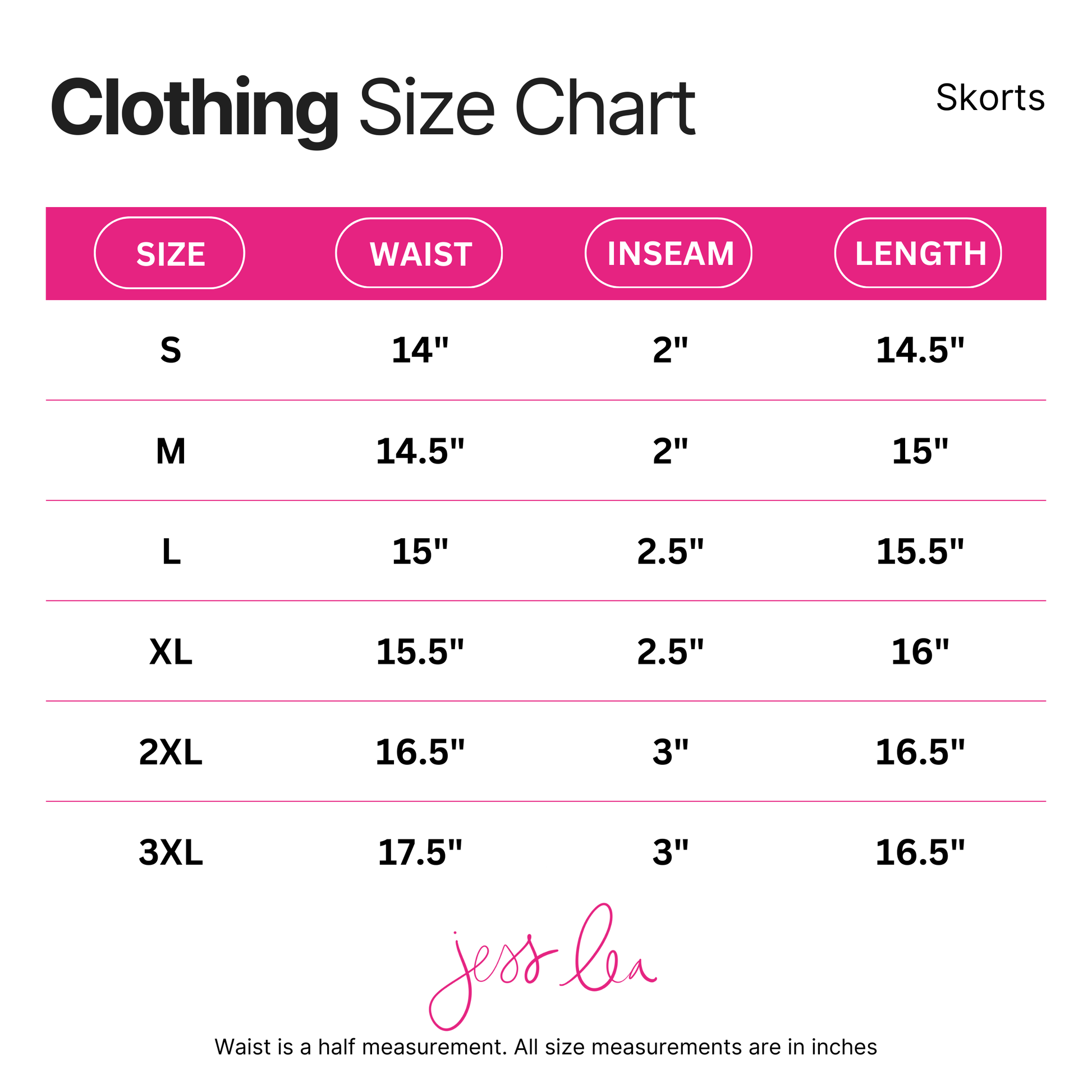 Clothing size chart for skorts with measurements in inches.